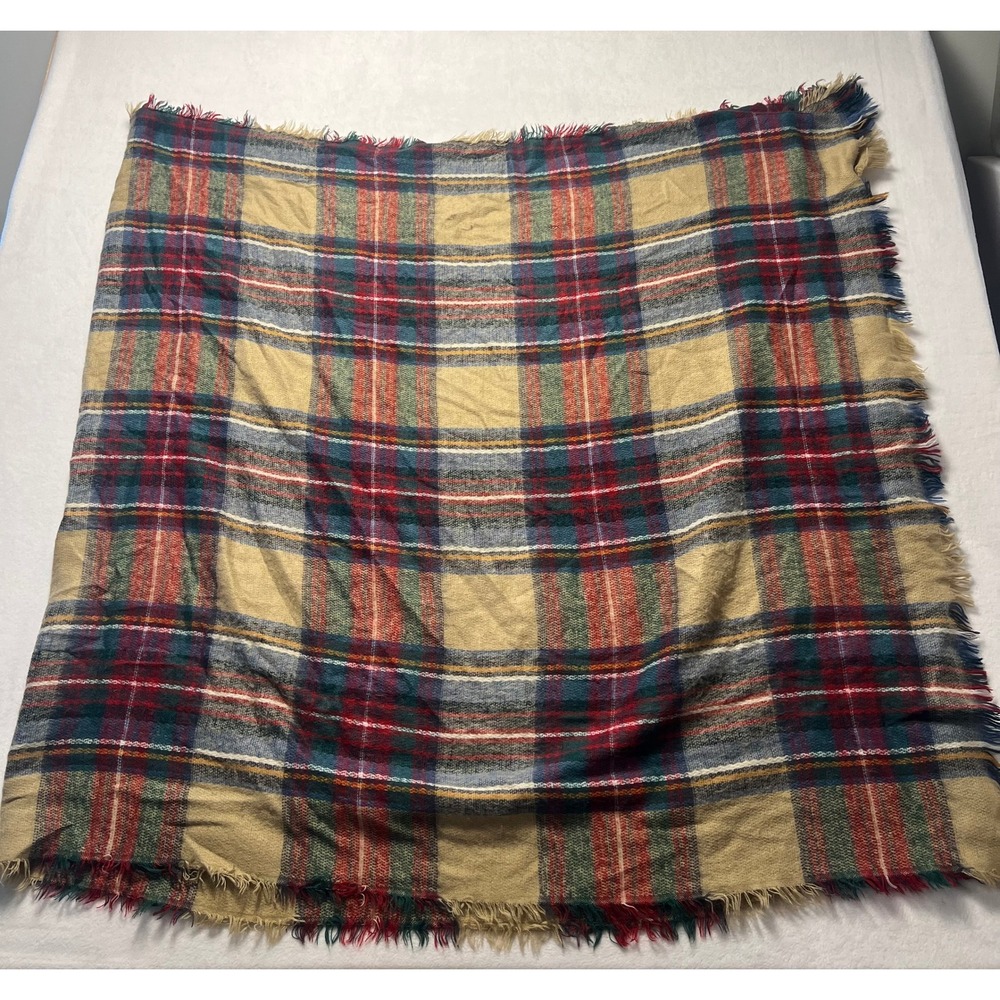 Blanket Scarf Plaid Cottagecore Tan Red Green Frayed Fringe Square Fall Autumn